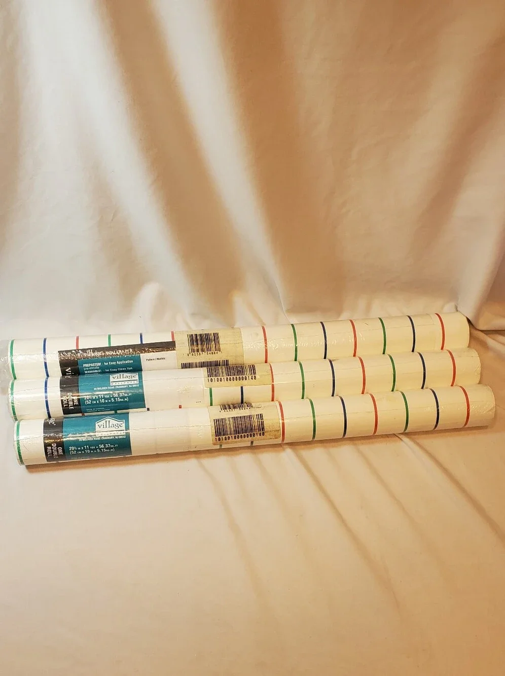 Village Brand Vtg Wallpaper Rolls Colored Stripes, 3 Double Rolls 56.37 Sq Ft Ea